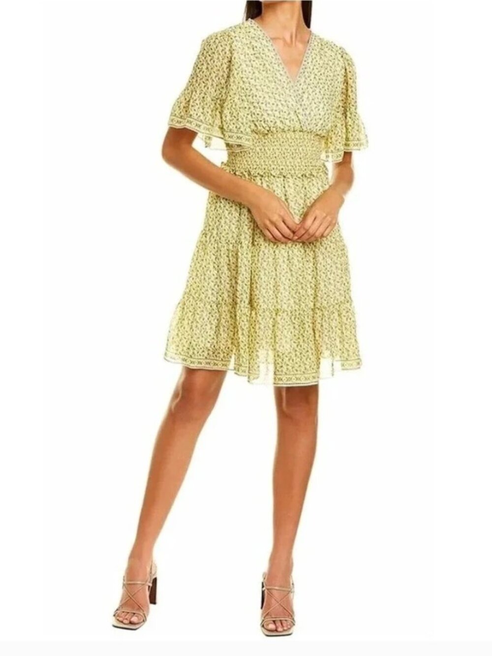 Max Studio Golden Yellow Lemon Print/Fl oral Smocked Waist Tiered Mini Dress - S